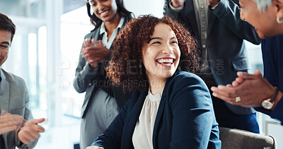 Buy stock photo Happy woman, teamwork and applause with promotion for congratulations, well done or good job at office. Female person, celebration and smile with colleagues clapping for success together at workplace