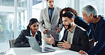 Laptop, business people and group celebrate achievement, milestone or reading email for financial profit. Team, computer and success with good news, excited and cheers for investment goal in office