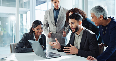 Buy stock photo Laptop, business people and group celebrate achievement, milestone or reading email for financial profit. Team, computer and success with good news, excited and cheers for investment goal in office