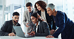 Laptop, business people and conversation in office, planning and brainstorming for sales project. Manager, computer and discussion with team for collaboration, ideas and budget solution in meeting