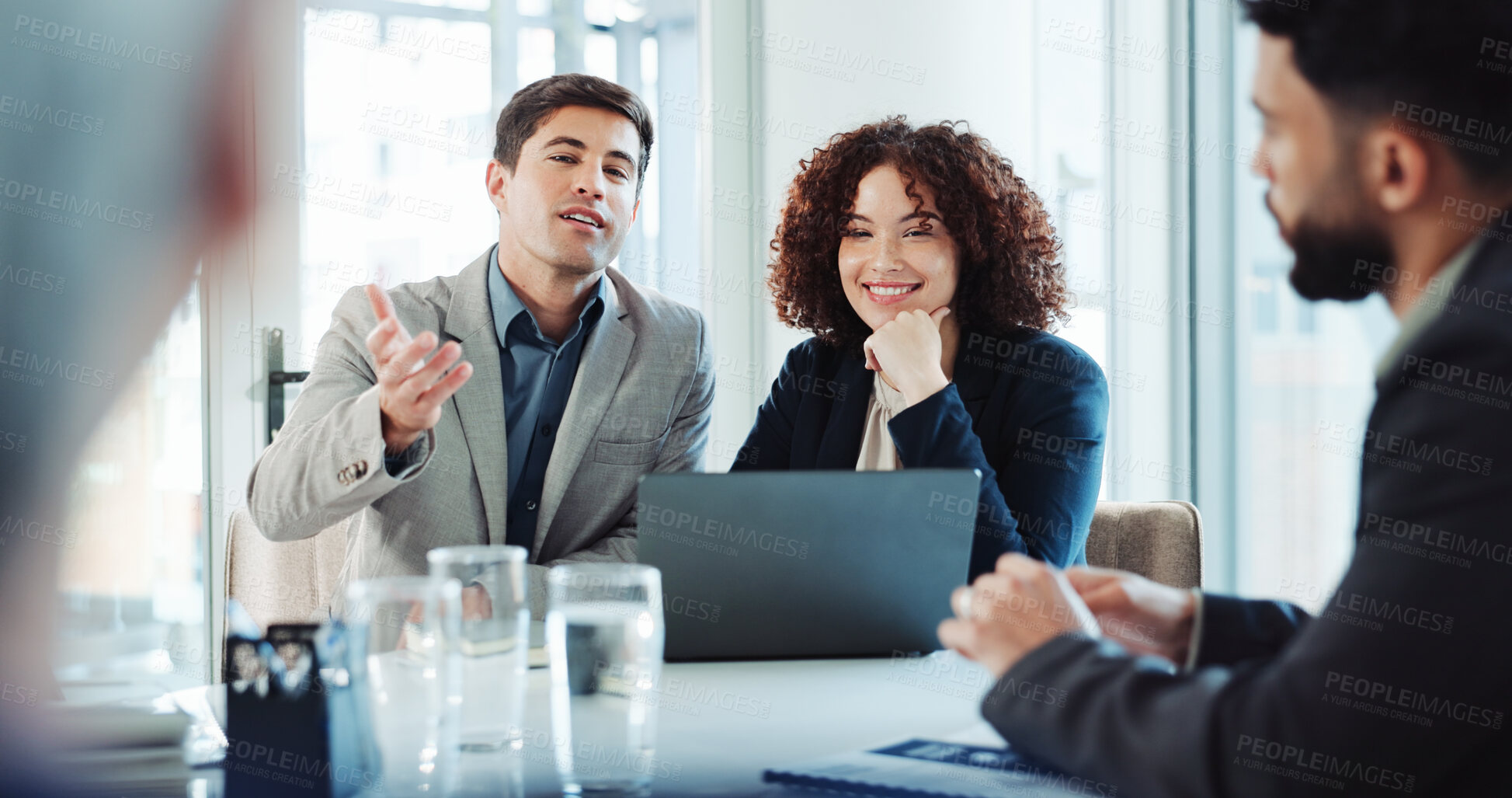 Buy stock photo Laptop, business people and group conversation, planning and brainstorming with sales question. Manager, computer and team discussion for collaboration, portrait and budget solution in office meeting