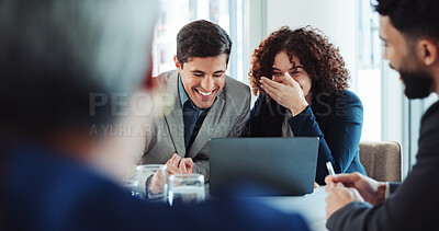 Buy stock photo Funny, smile and business people in office, meeting and planning with laptop, online humor and joyful. Group, corporate professional and happy employees in workplace, laughing and video with joke
