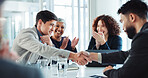 Happy, business people and applause with handshake for agreement, good deal or partnership at conference. Businessman, colleagues or employees shaking hands with team for introduction at workplace