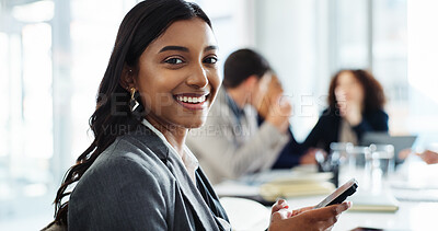 Buy stock photo Office, businesswoman and portrait with phone for meeting, corporate training and consultant for chat. Workplace, female person and financial advisor with mobile for service app, message and contact