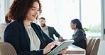 Office, meeting and business woman on tablet for online planning, project research and strategy. Professional, corporate and person on digital tech for website, schedule and notes of discussion
