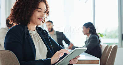 Buy stock photo Office, meeting and business woman on tablet for online planning, project research and strategy. Professional, corporate and person on digital tech for website, schedule and notes of discussion