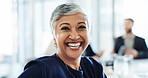 Office, woman and portrait with smile for business meeting, corporate training and investment feedback. Workplace, mature person and financial advisor with confidence for about us and risk management