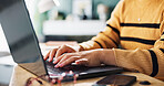 Laptop, woman and hands typing for remote work, accounting budget and bookkeeping review. Writing, computer and freelancer in home office for financial audit, communication and taxes on internet
