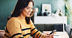 Phone, remote work and woman in home office for online accounting, budget review and bookkeeping. Mobile, smile and freelancer on app for financial audit, communication and research on internet