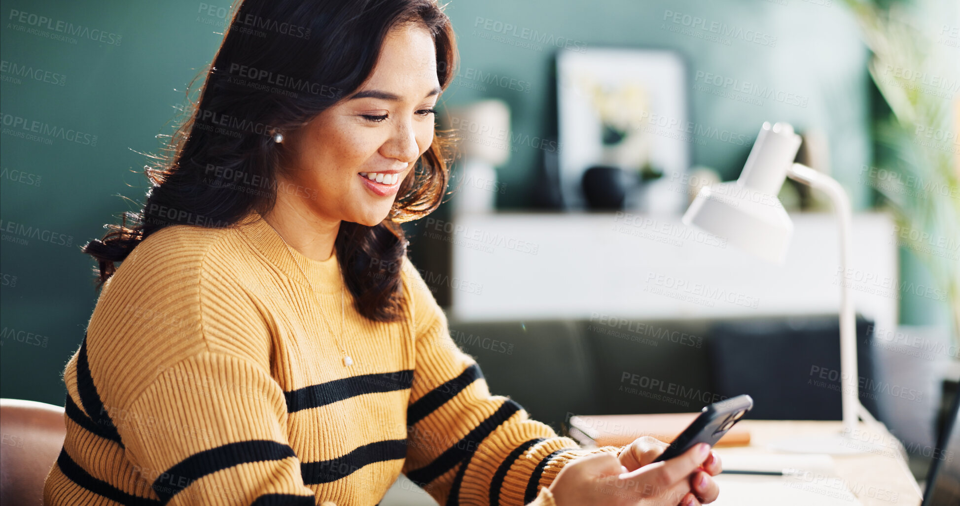 Buy stock photo Phone, remote work and woman in home office for online accounting, budget review and bookkeeping. Mobile, smile and freelancer on app for financial audit, communication and research on internet