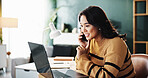 Phone call, freelancer and woman with laptop, home office and consultation for project or web design. Happy, graphic designer and person with tech for communication with contact, remote work and chat