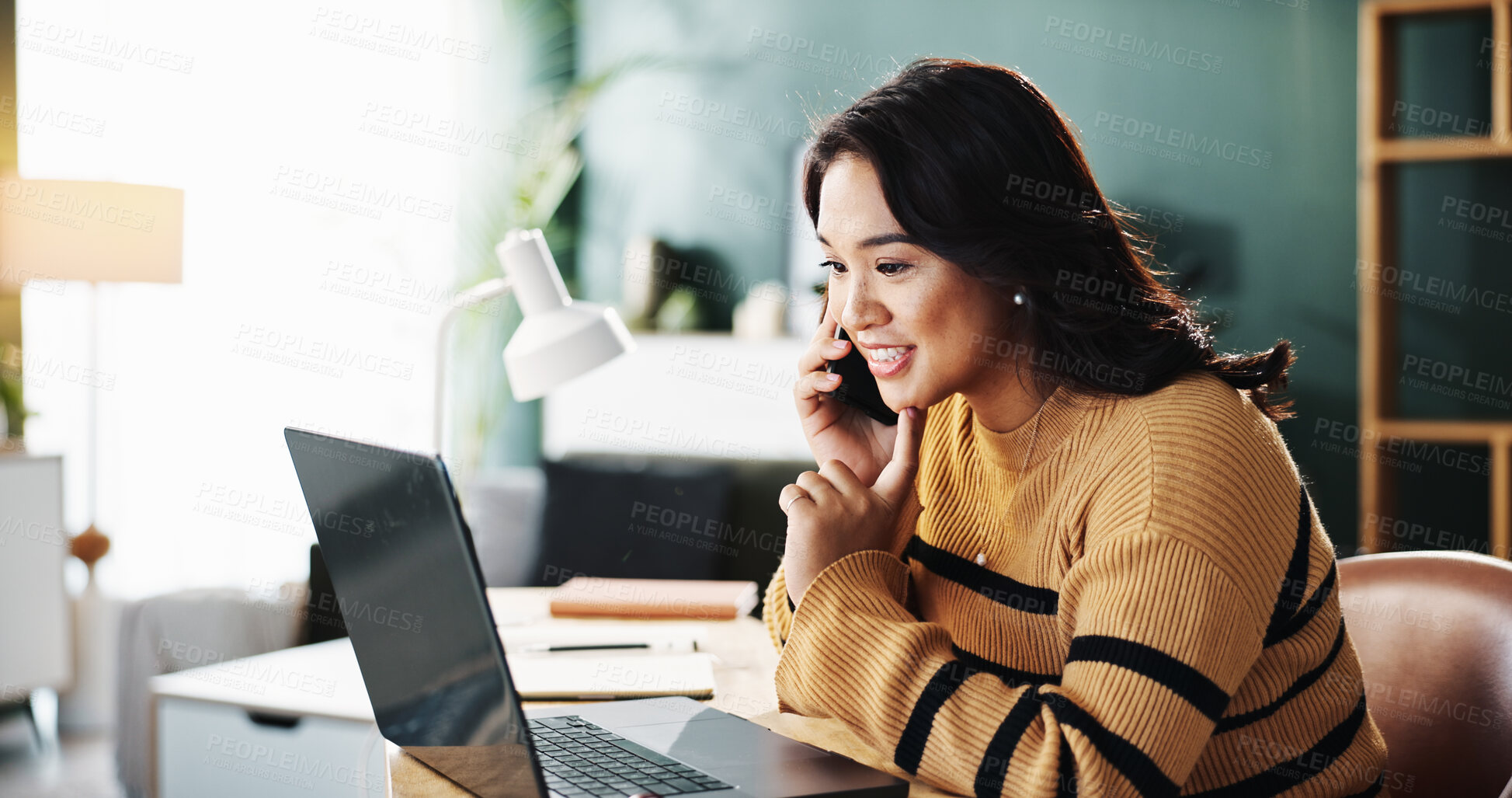 Buy stock photo Phone call, freelancer and woman with laptop, home office and consultation for project or web design. Happy, graphic designer and person with tech for communication with contact, remote work and chat