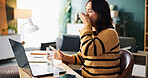 Sick woman, laptop and pills with water for medication, symptoms or antibiotic at home. Female person, patient or chronic illness with prescription for viral infection, pharmaceuticals or healthcare
