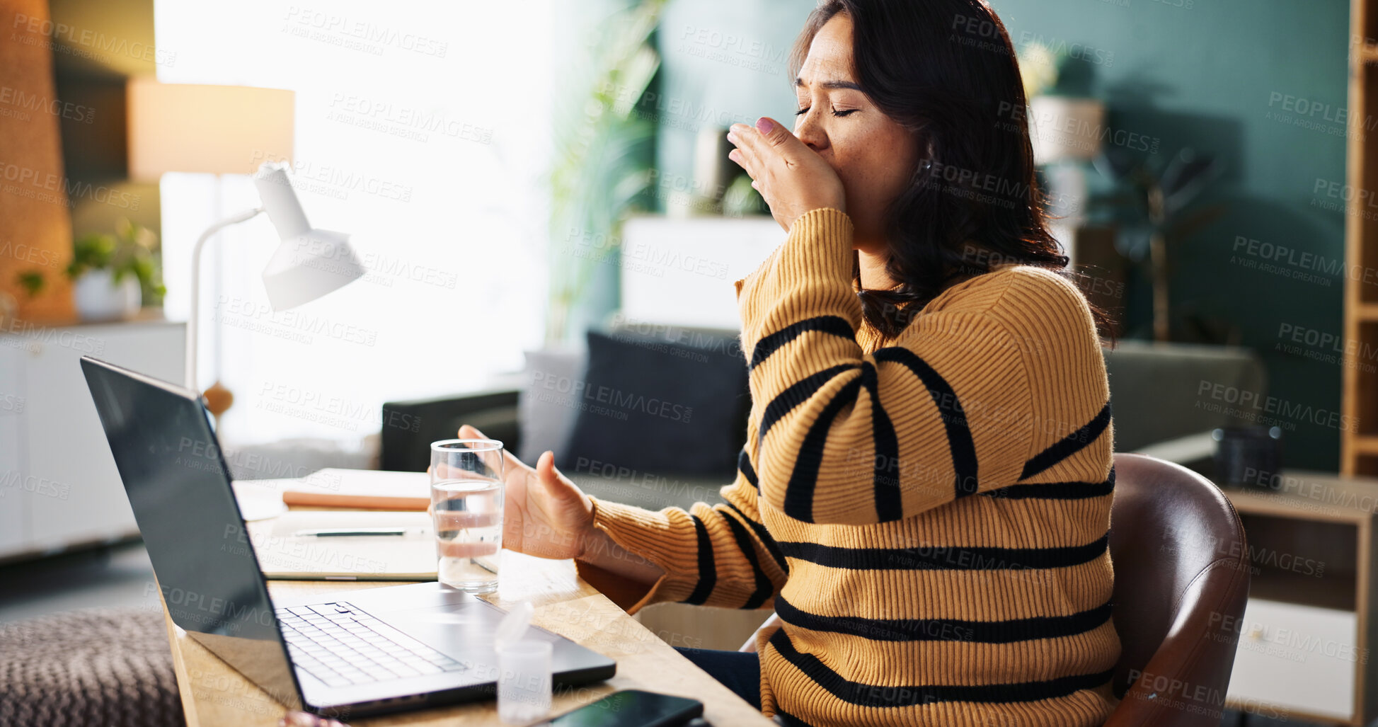 Buy stock photo Sick woman, laptop and pills with water for medication, symptoms or antibiotic at home. Female person, patient or chronic illness with prescription for viral infection, pharmaceuticals or healthcare