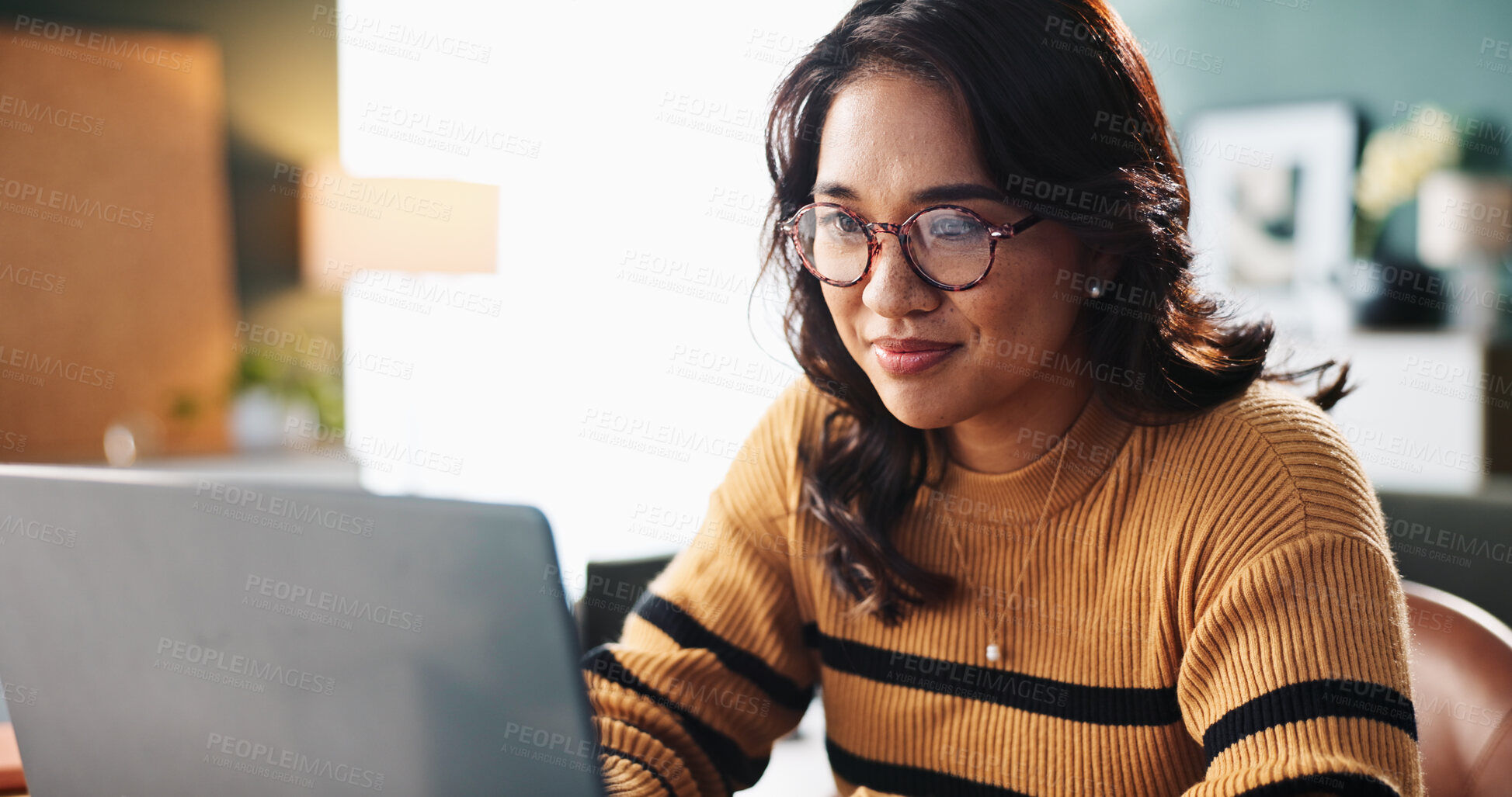 Buy stock photo Laptop, home office and woman online for freelance accounting, budget and bookkeeping with revenue. Computer, remote work and person on internet for financial audit, communication and tax review