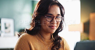 Buy stock photo Entrepreneur, laptop and woman with reading in home for editor feedback, proofreading blog or creative process. Remote work, freelance writer or happy with article editing, news publication or review