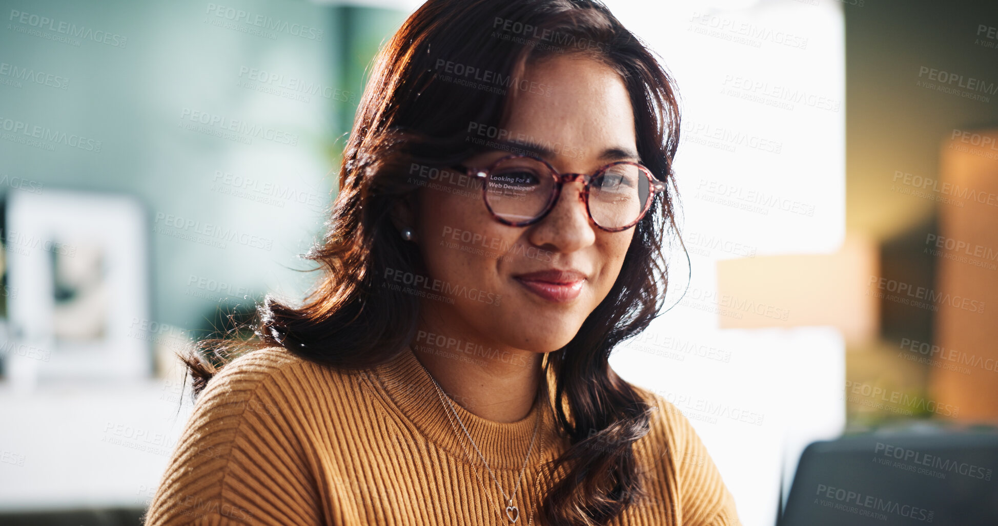 Buy stock photo Entrepreneur, laptop and woman with reading in home for editor feedback, proofreading blog or creative process. Remote work, freelance writer or happy with article editing, news publication or review