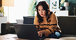 Laptop, home office and woman with stress for freelance accounting, budget mistake and bookkeeping error. Computer, remote work and person on internet with doubt for financial audit, tax and glitch