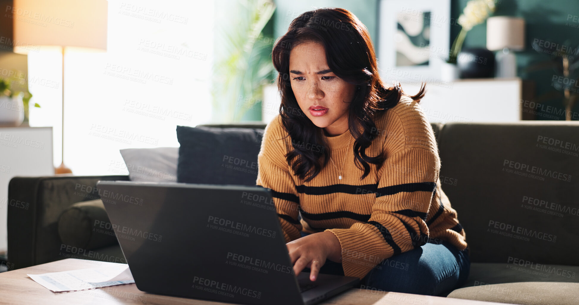 Buy stock photo Laptop, home office and woman with stress for freelance accounting, budget mistake and bookkeeping error. Computer, remote work and person on internet with doubt for financial audit, tax and glitch