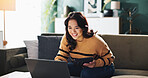 Tablet, remote work and happy woman in home with laptop for accounting, budget review or bookkeeping. Digital technology, sofa and freelancer on app for financial audit, communication or taxes online