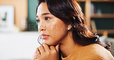 Buy stock photo Thinking, anxiety and sad woman in home with worry, fear or abuse with stress, doubt or loan debt. Depression, lonely and scared victim with phobia, mistake or emotional crisis with gesture or trauma