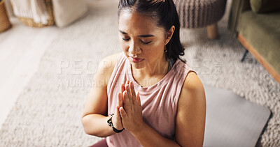 Buy stock photo Woman, yoga and meditation with namaste for inner peace, zen or spiritual workout on floor at home. Female person, yogi or fitness with mindfulness or awareness for balance or wellbeing at house