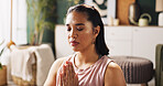 Calm woman, yoga or meditation with namaste for zen, spiritual workout or inner peace on floor at home. Female person, yogi or fitness with mindfulness or awareness for balance or wellbeing at house