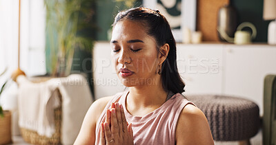 Buy stock photo Calm woman, yoga or meditation with namaste for zen, spiritual workout or inner peace on floor at home. Female person, yogi or fitness with mindfulness or awareness for balance or wellbeing at house