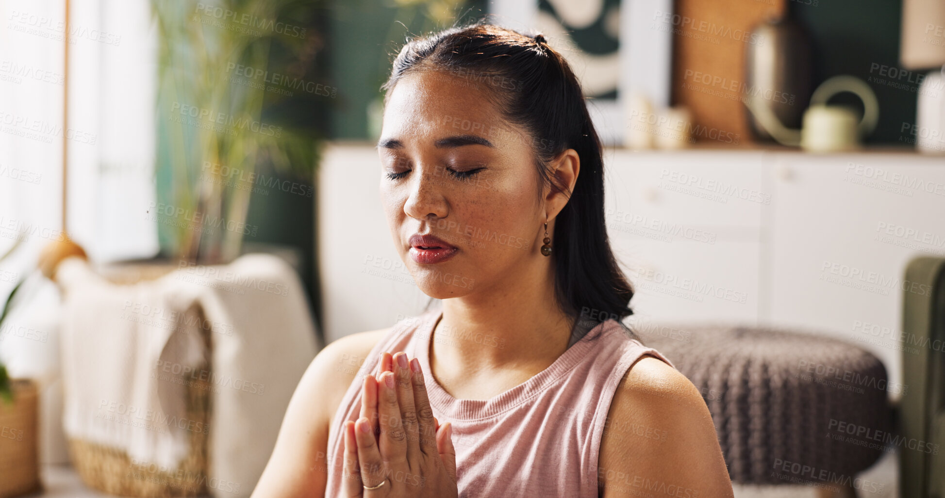 Buy stock photo Calm woman, yoga or meditation with namaste for zen, spiritual workout or inner peace on floor at home. Female person, yogi or fitness with mindfulness or awareness for balance or wellbeing at house