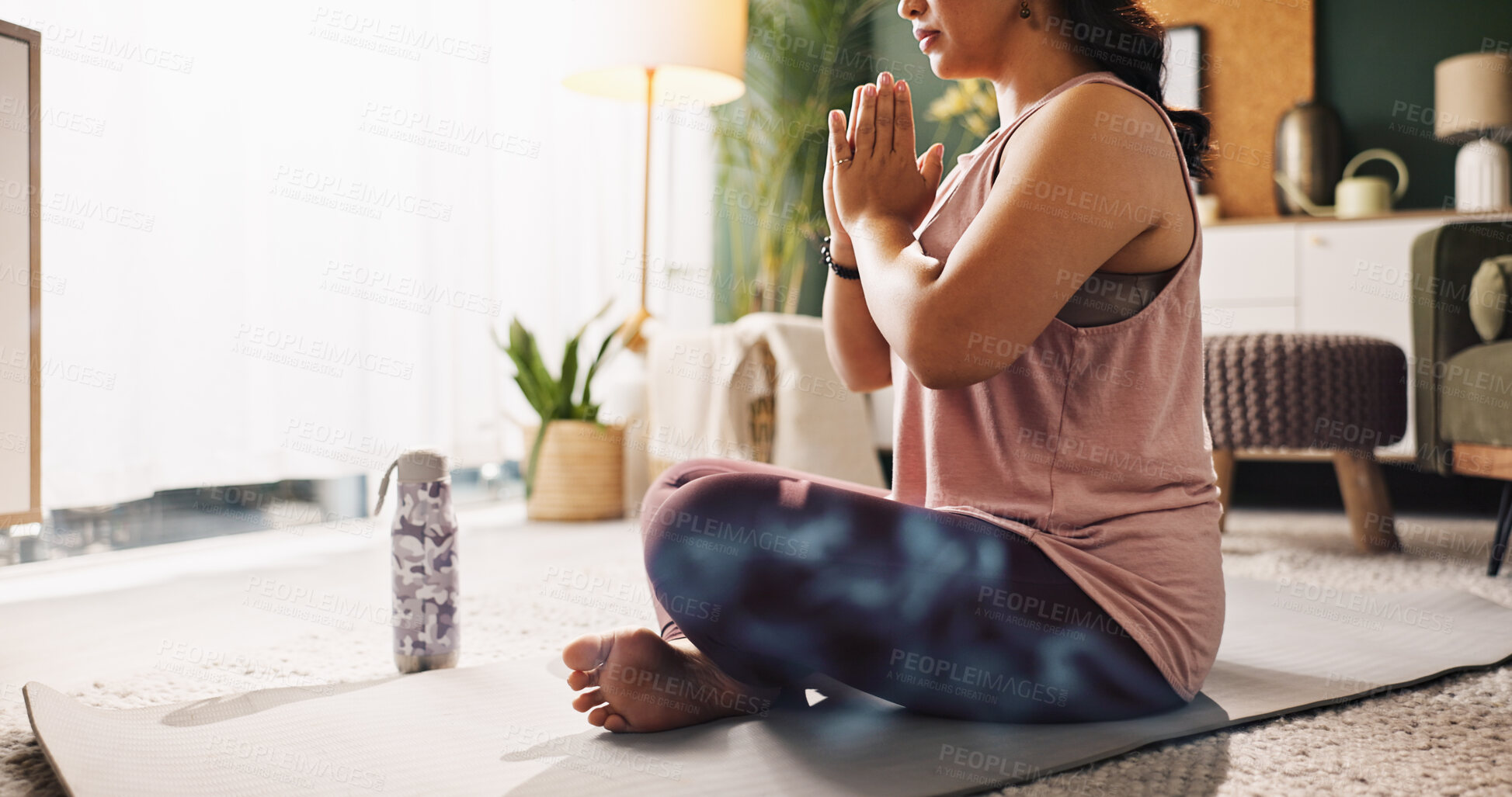 Buy stock photo Woman, hands and yoga with namaste for meditation, zen or inner peace on floor at home. Female person, yogi or fitness with mindfulness on mat for spiritual awareness, balance or wellbeing at house