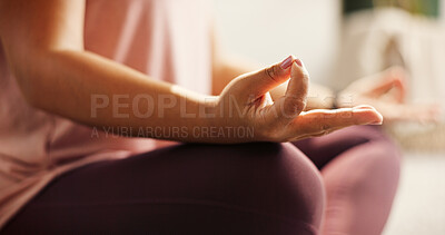 Buy stock photo Person, hands and meditation with zen for inner peace, spiritual wellness or awareness at home. Closeup, yogi or lotus with pose in yoga for mindfulness, balance or stress relief on floor at house