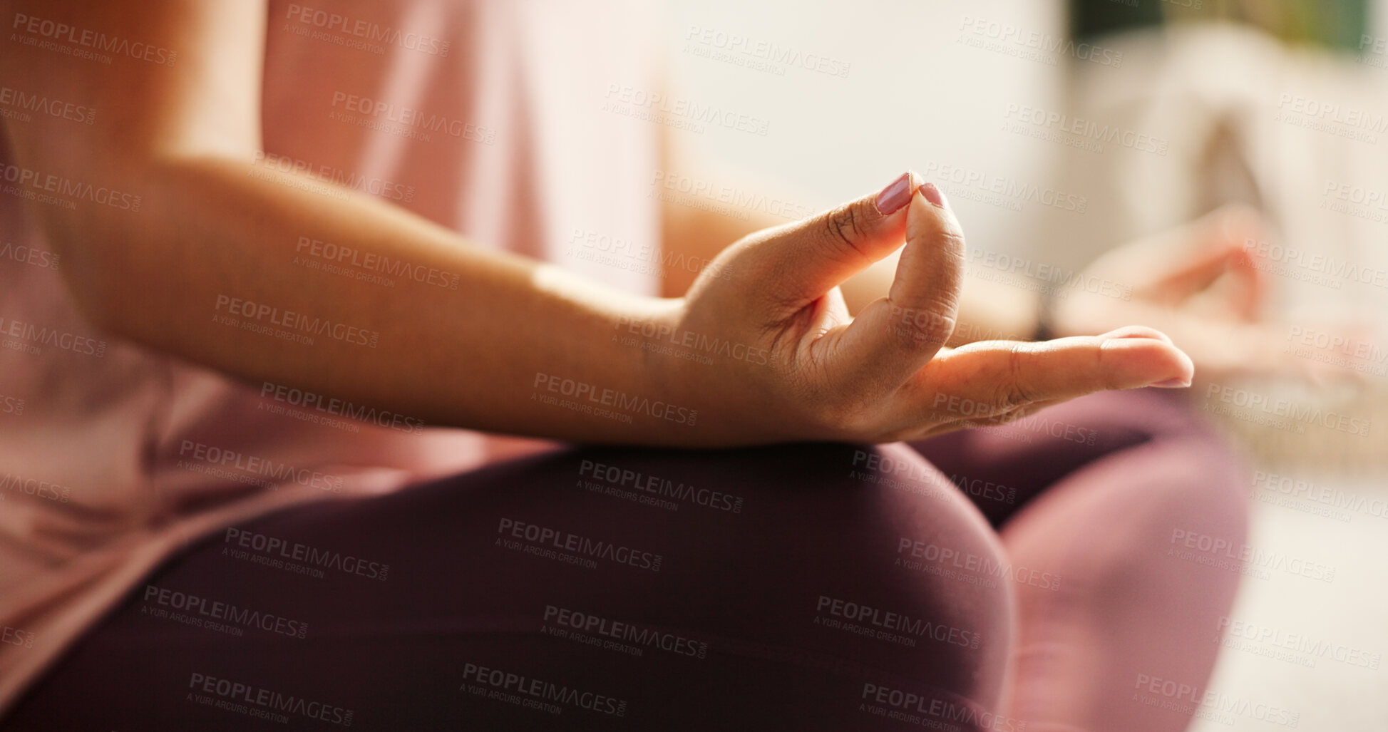 Buy stock photo Person, hands and meditation with zen for inner peace, spiritual wellness or awareness at home. Closeup, yogi or lotus with pose in yoga for mindfulness, balance or stress relief on floor at house