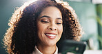 Reading, chat and woman with smartphone, home and smile for communication with contact and online. Relax, connection and person with mobile for message, happy and girl with tech for texting in house