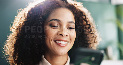 Buy stock photo Reading, chat and woman with smartphone, home and smile for communication with contact and online. Relax, connection and person with mobile for message, happy and girl with tech for texting in house