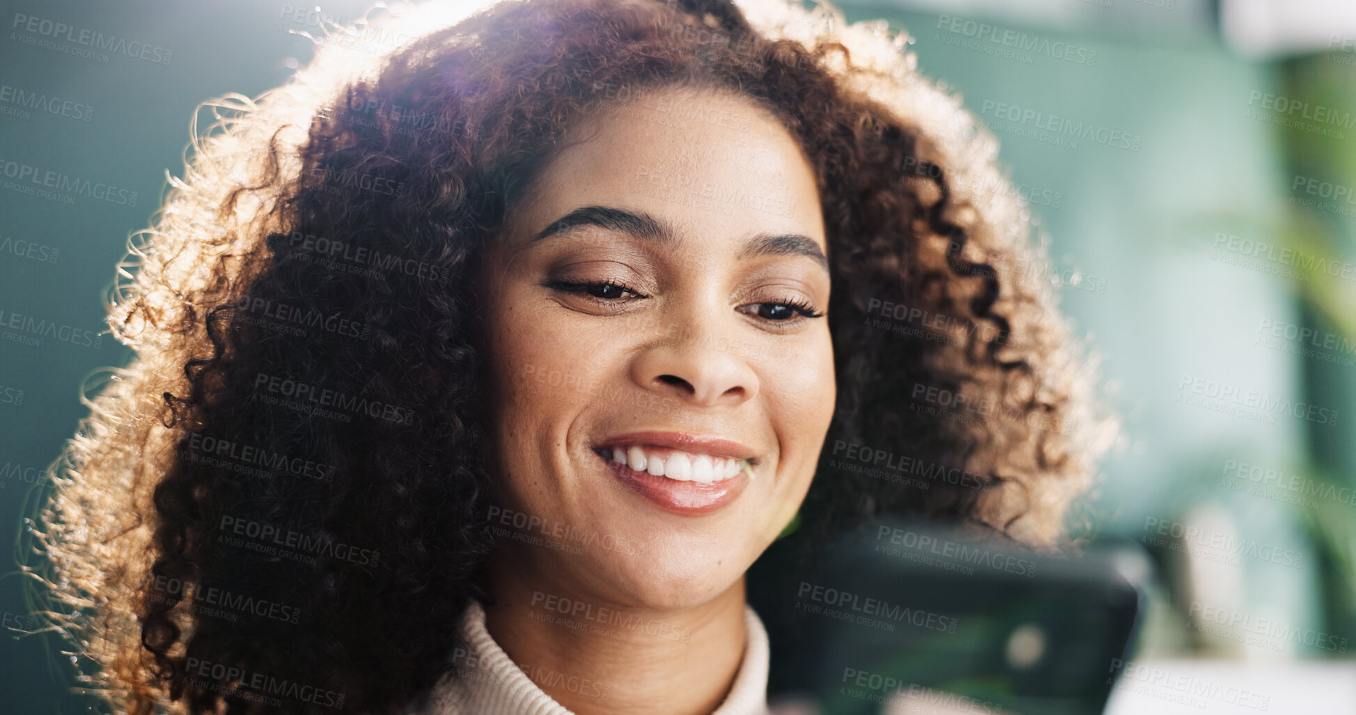 Buy stock photo Reading, chat and woman with smartphone, home and smile for communication with contact and online. Relax, connection and person with mobile for message, happy and girl with tech for texting in house