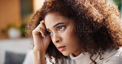 Buy stock photo Frustrated, thinking and woman with depression in stress for mistake or financial crisis at home. Disappointed, female person or anxiety with migraine for mental health, debt or pressure at house