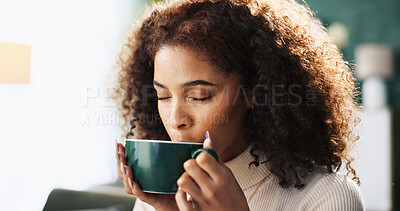 Buy stock photo Woman, coffee and drinking with mug for morning beverage, aroma or caffeine on sofa at home. Female person, cup or wonder with smell, taste or sip for cappuccino, latte or espresso on couch at house