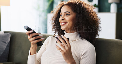 Buy stock photo Home, remote control and woman on couch, credit card and commercial shopping with weekend break. Apartment, television and person on sofa, signing up for subscription and membership application