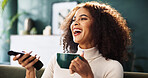 Home, watching tv and woman on sofa, coffee and funny with weekend break, humor and relax. Apartment, remote control and happy person on couch, laughing and joke with happiness, smile and cappuccino