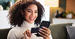 Happy woman, online shopping and phone with credit card on sofa for payment or remote banking at home. Female person, shopper or customer with smile or debit on mobile smartphone for ecommerce app