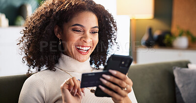 Buy stock photo Happy woman, online shopping and phone with credit card on sofa for payment or remote banking at home. Female person, shopper or customer with smile or debit on mobile smartphone for ecommerce app