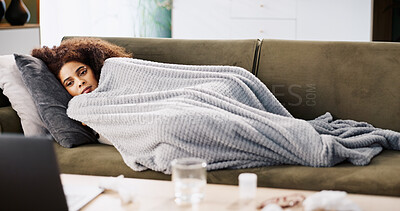 Buy stock photo Laptop, sick and relax with woman on sofa for medical recovery, streaming and flu season. Disease, subscription and fever with female person and blanket in living room at home for virus outbreak