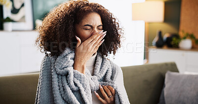Buy stock photo Sneeze, sick and tired with woman on sofa for medical recovery, illness and flu season. Disease, fatigue and fever with female person and blanket in living room at home for virus outbreak and cold