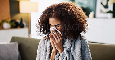 Buy stock photo Sneeze, sick and blowing nose with woman on sofa for medical recovery, illness and flu season. Disease, fatigue and fever with female person in living room at home for virus outbreak and cold