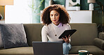 Sofa, woman and tablet with laptop for freelancer, editing information and content writer at home. Remote work, female person and journalist with digital for interior newspaper, article or blog story