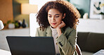 Office, employee and woman with laptop, reading and media coordinator with budget for ad campaign. Online, review and person with tech for audience engagement, corporate and schedule in business
