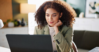 Buy stock photo Office, employee and woman with laptop, reading and media coordinator with budget for ad campaign. Online, review and person with tech for audience engagement, startup and schedule in business