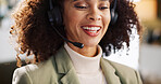 Happy, woman and mic with headset at house for customer service, contact us and advice from consultant. Closeup, person and remote work with feedback for property insurance, solution and help client