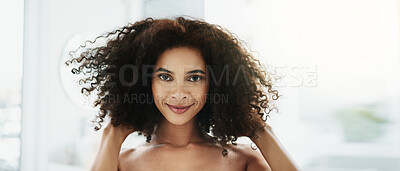 Buy stock photo Woman, portrait or afro hair care in bathroom with confidence for grooming, growth or volume. Shampoo, morning routine or African female person with beauty, cosmetics results or curly texture in home