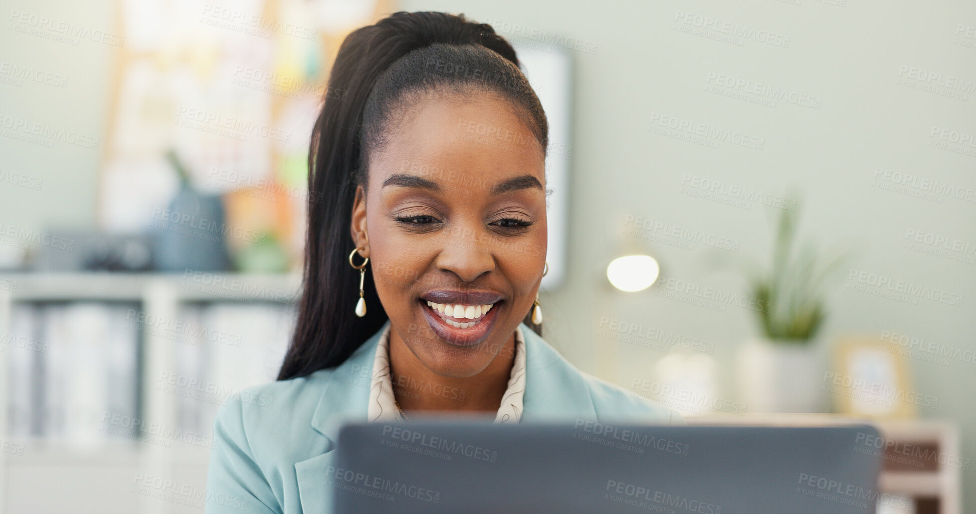 Buy stock photo Business, laptop and smile with black woman in office for online planning, report or research. Accounting, finance and investment with happy broker in workplace for stock market analysis or trading